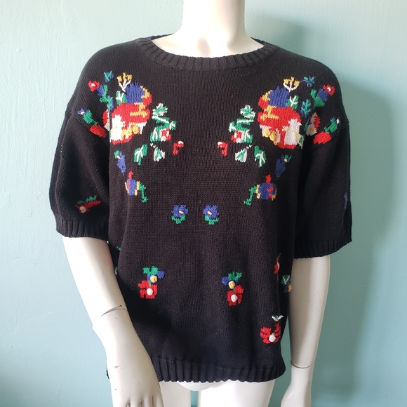 90s Black Ramie Faux Fur Button Up Flower Sweater by Dress Barn main image 1